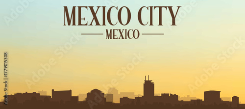 Panoramic poster of the city skyline with misty background buildings, hills sunrise, sunset and clouds of MEXICO CITY, MEXICO