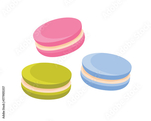Three vibrant French macarons in pink, blue, and green on an isolated white background vector illustration