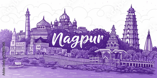 Nagpur Skyline Sketch with Deekshabhoomi, Sitabuldi Fort, Futala Lake, and Zero Mile — Cultural Line Art for Tourism Posters, Travel Branding, and Wall Decor