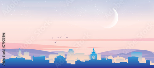 Panoramic poster of the city skyline with misty background buildings, hills sunrise, sunset and clouds of LONDON, UNITED KINGDOM