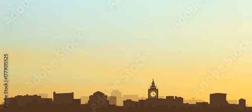Panoramic poster of the city skyline with misty background buildings, hills sunrise, sunset and clouds of LONDON, UNITED KINGDOM