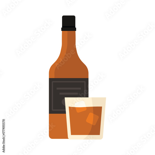 Isolated whisky bottle with glass and ice cubes on white background for British drink themes vector illustration