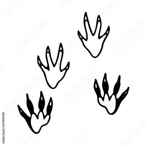 Dragon footprint wave line. Hand drawn dinosaur paw prints. Dragon foot silhouette. Dino cute trail texture. Vector illustration isolated on white ... See More
