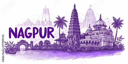 Nagpur Skyline Sketch with Deekshabhoomi, Sitabuldi Fort, Futala Lake, and Zero Mile — Cultural Line Art for Tourism Posters, Travel Branding, and Wall Decor