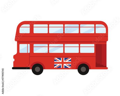 Isolated red double decker bus with Union Jack flag, symbolizing classic Britain, vector illustration