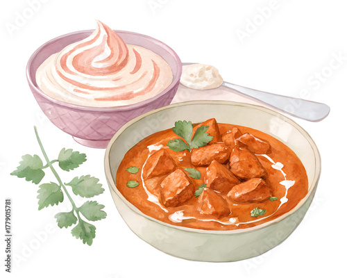 Watercolor butter chicken, creamy orange-red gravy gradients, chicken pieces in soft pinks, cream swirl, transparent background PNG.