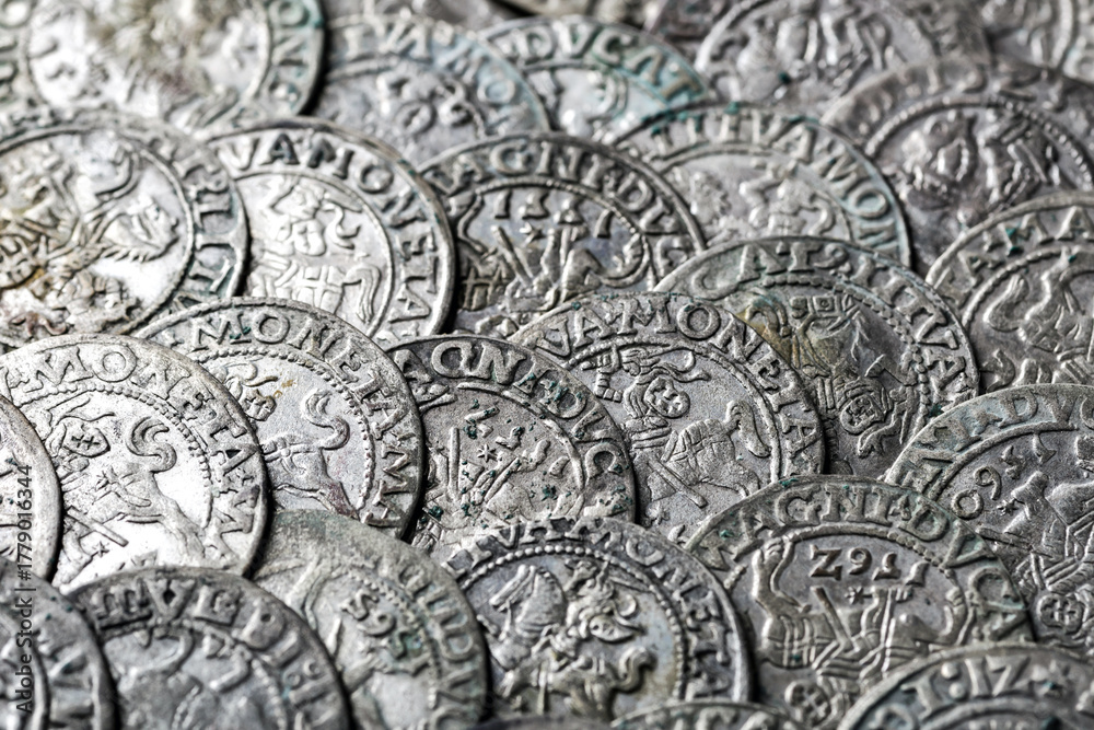 Obraz premium Ancient coins of the Polish King Sigismund III Vasa.A hoard of medieval European gold and silver coins.Numismatics.Collection of old coins.Antikvariat.