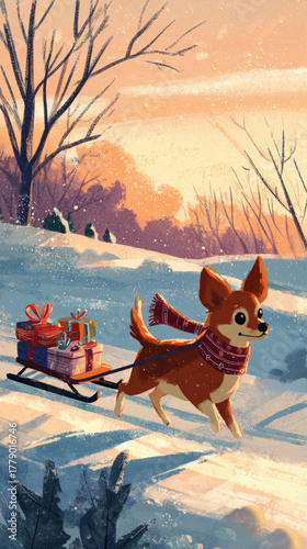 A cheerful dog wearing a scarf joyfully pulls a sled full of colorful wrapped gifts across a snowy landscape, with a charming house in the background at sunset