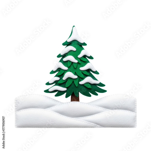 Felt applique snowy Christmas fir tree in snowdrifts isolated on white backgroun