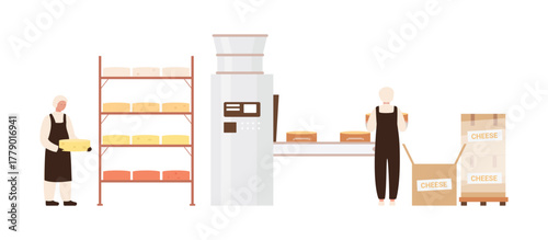 Isolated cheese production process with workers, packaging, and equipment in a modern factory vector illustration