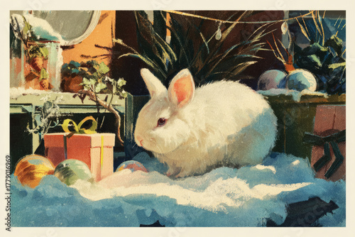 A fluffy white rabbit rests on soft snow, surrounded by colorful Christmas ornaments and a small gift. The setting reflects a warm and festive 1950s holiday atmosphere