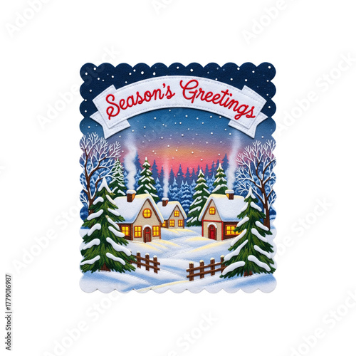 Felt Christmas card with winter village scene and Season's Greetings text isolated on white