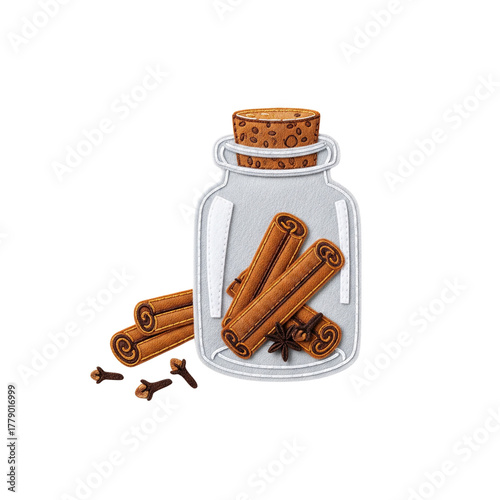 Felt applique jar with Christmas spices cinnamon, cloves, anise isolated on white background