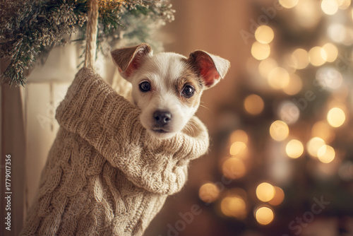 A cute puppy peeks out from a red Christmas stocking nestled in a warm corner of a retro home, surrounded by festive decor and a cheerful atmosphere
