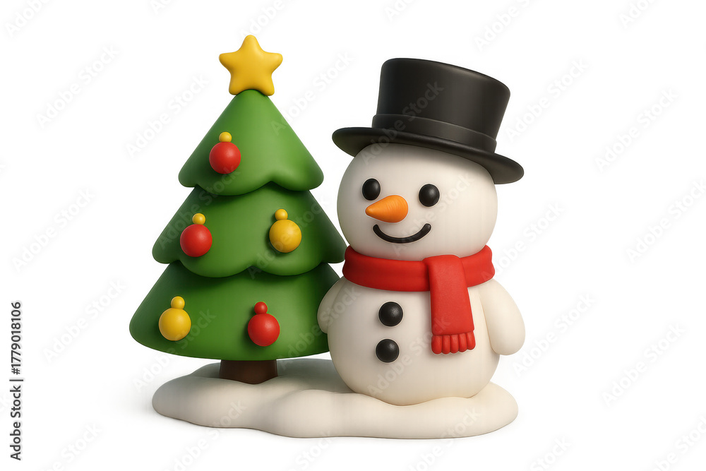 Fototapeta premium Cute 3d clay snowman and festive christmas tree with star and baubles standing on snow, transparent background