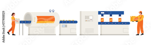 Modern isolated chips manufacturing process with workers and machinery for food industry vector illustration