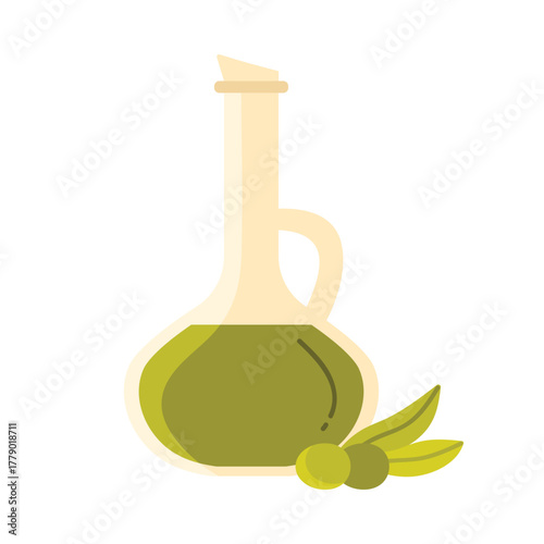 Traditional Cyprus olive oil bottle with green olives and leaves on white isolated vector illustration