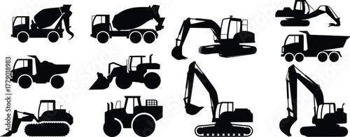 Construction vehicles silhouette set, excavator, bulldozer, cement mixer, dump truck, road roller, heavy machinery, industrial equipment, vector, isolated, black