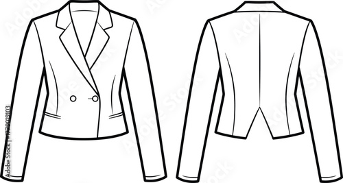 Cropped double-breasted blazer technical fashion sketch, front and back views, notched lapel, tailored silhouette, garment construction detail vector illustration