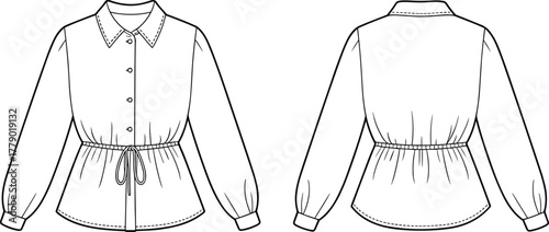 Long-sleeved blouse technical fashion sketch, pointed collar, button placket, drawstring waist, gathered cuffs, front and back views, garment construction vector illustration