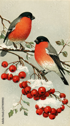 Two beautiful bullfinches sit on a snowy branch, surrounded by bright red berries. This retro scene captures the warmth of Christmas during the 50s and 60s