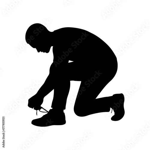 Silhouette of a person kneeling down to tie their shoelaces on a white background