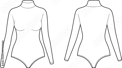 Long-sleeve bodysuit technical fashion sketch, high neckline front and back views, minimalist silhouette, garment construction detail vector for apparel design