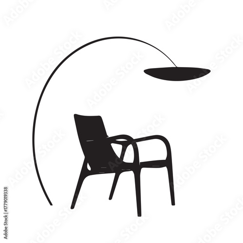 Sleek black chair under modern arc floor lamp illustration casting gentle light, perfect for contemporary interior design or furniture showcase projects
