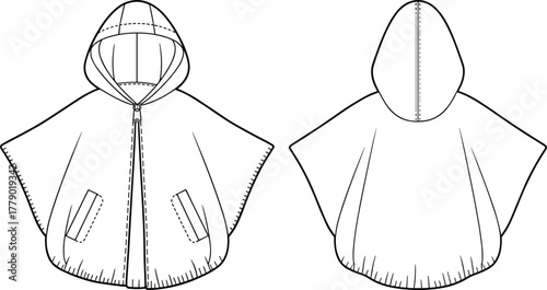 Hooded cape technical fashion sketch, front and back views, zipper closure, patch pockets, curved hemline, minimalist silhouette, garment construction vector illustration