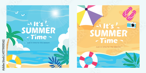 Vibrant "It's Summer Time" illustrations featuring beach scenes, palm trees, sun, ocean, and summer accessories. Ideal for seasonal promotions, social media, and travel designs.
