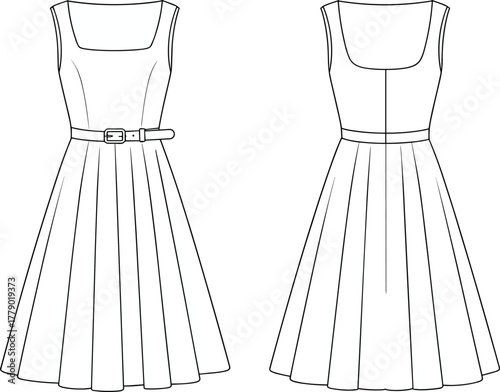 Sleeveless belted dress technical fashion sketch, square neckline, pleated flared skirt, fitted bodice, front and back views, garment construction vector illustration