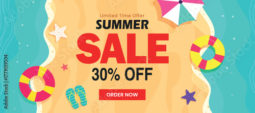Time to shop! Drive conversions with this bold, vibrant Summer Sale banner offering 30% OFF. The overhead beach view with bright accessories is perfect for digital advertising.