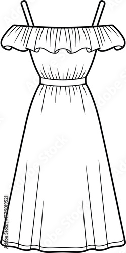 Off-shoulder ruffle dress technical fashion sketch, thin straps, gathered waistband, flared midi skirt silhouette, minimalist garment construction detail vector illustration