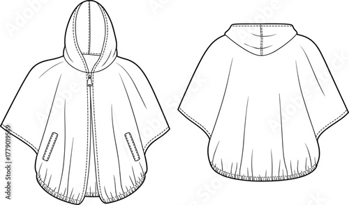 Hooded poncho technical fashion sketch, front and back views, zipper closure, vertical pockets, gathered hemline, garment construction detail vector illustration