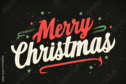Colorful Merry Christmas text surrounded by playful winter motifs symbolizes holiday cheer. This retro design captures the essence of Christmas from the 50s and 60s