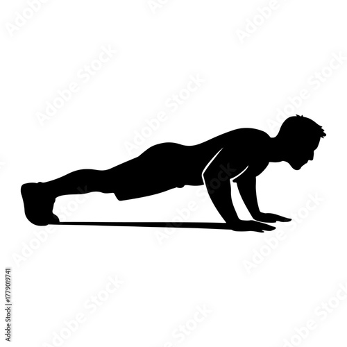 Silhouette of a man performing a push up exercise on a white background
