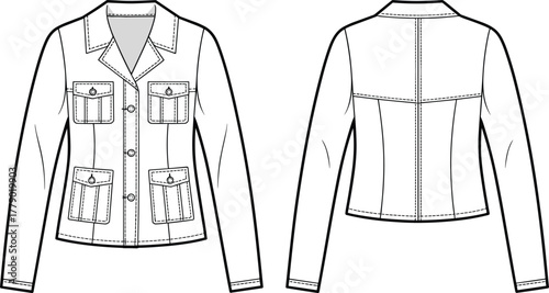 Women’s tailored jacket technical fashion sketch, notched lapel collar, patch pockets, button closure, princess seams, front and back views, garment construction vector