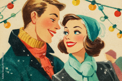 A cheerful couple skates on a festive outdoor rink during winter, surrounded by twinkling lights and joyful holiday spirit reminiscent of the 1950s and 60s