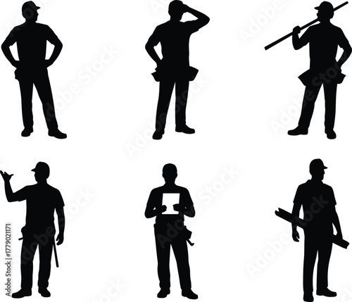 Construction worker silhouettes, tradespeople vector, industrial labor icons, black figures, tools in hand, engineering poses, site crew illustration, occupational roles
