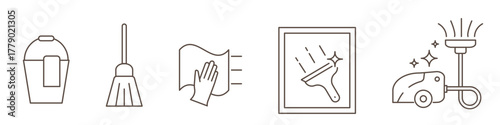 Clean home concept linear icons set isolated on transparent background. Cleaning tools and supplies – cleaning cloth, spray, hoover, bucket and broom. Editable Stroke.