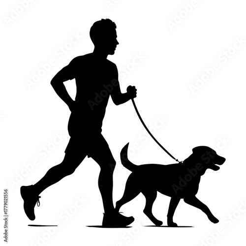 Silhouette of a man running with his dog on a leash outdoors in the daylight