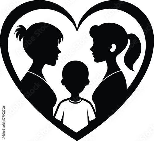 Silhouette of a loving family with two mothers and a child inside a heart shape