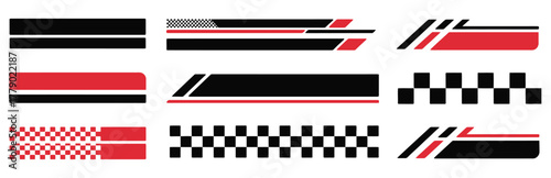 Racing cars and race car stripes vector set featuring checkered flags, dynamic lines, sport decals, tuning stickers, and motocross labels perfect for motorsport design