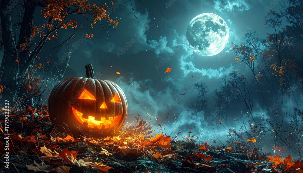 Naklejka premium Glowing Jack OLantern in Forest Under Moon.