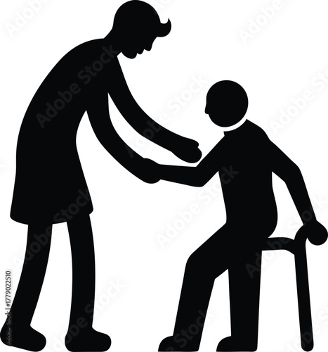 Silhouette of a caregiver helping an elderly person sit down with a cane