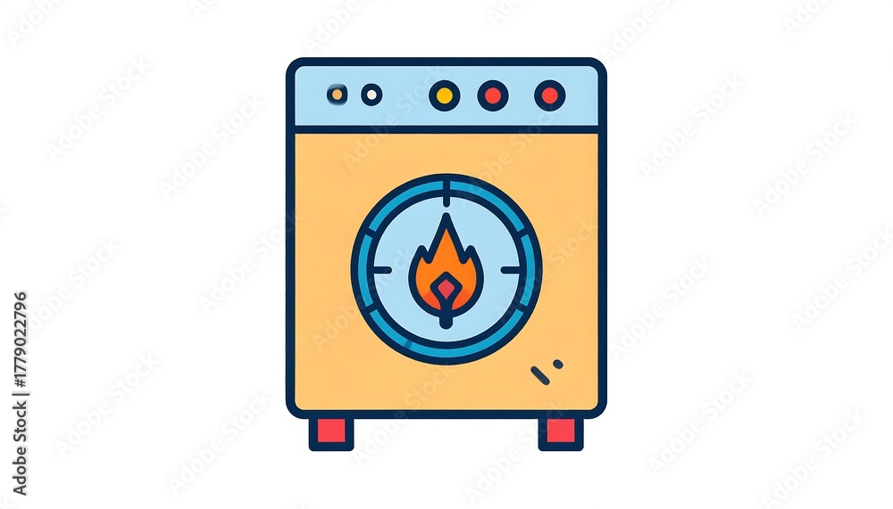 Fototapeta premium Cartoonish, stylized beige furnace with an orange flame logo and red base on a plain white background
