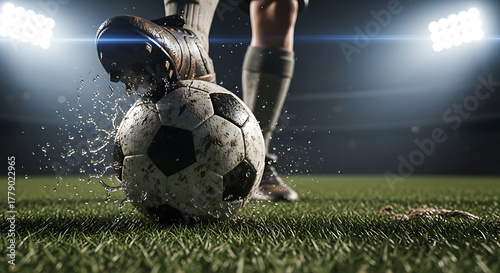 Close-up of a soccer night player's foot kicking a wet, dirty ball on a 3D stadium field with lights. Concept of youth development, mentorship, and long-term vision in sports academies and coaching