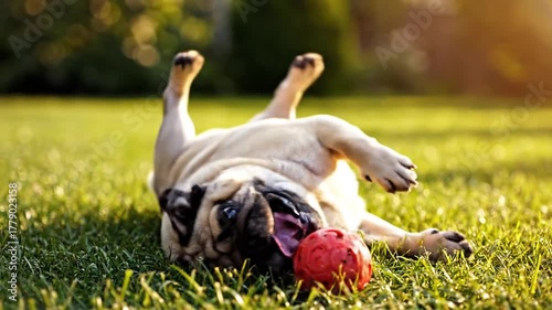 Playful pug runs towards the camera across green grass and sunlight