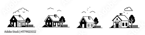 A set of four minimalist black and white house icons depicting different weather conditions like clouds, sun, and rain.