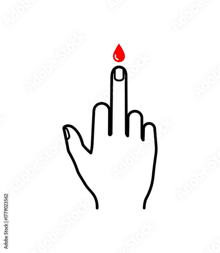 Minimalist line art of a hand giving the middle finger with a red blood drop on the fingertip.